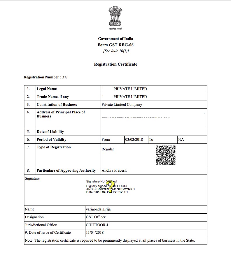 GST Certificate Sample