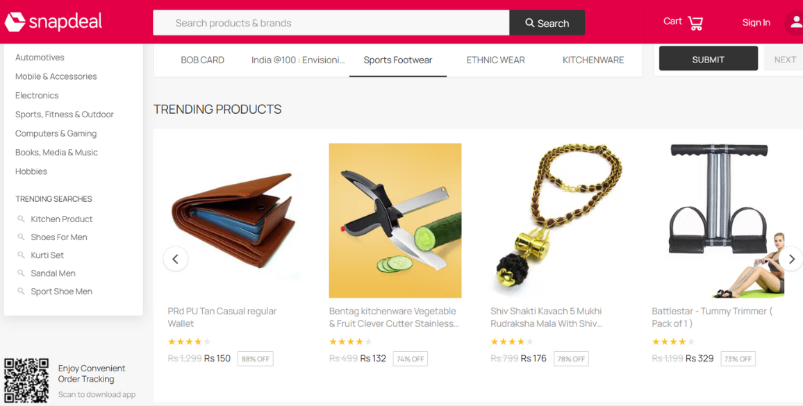 snapdeal product menu