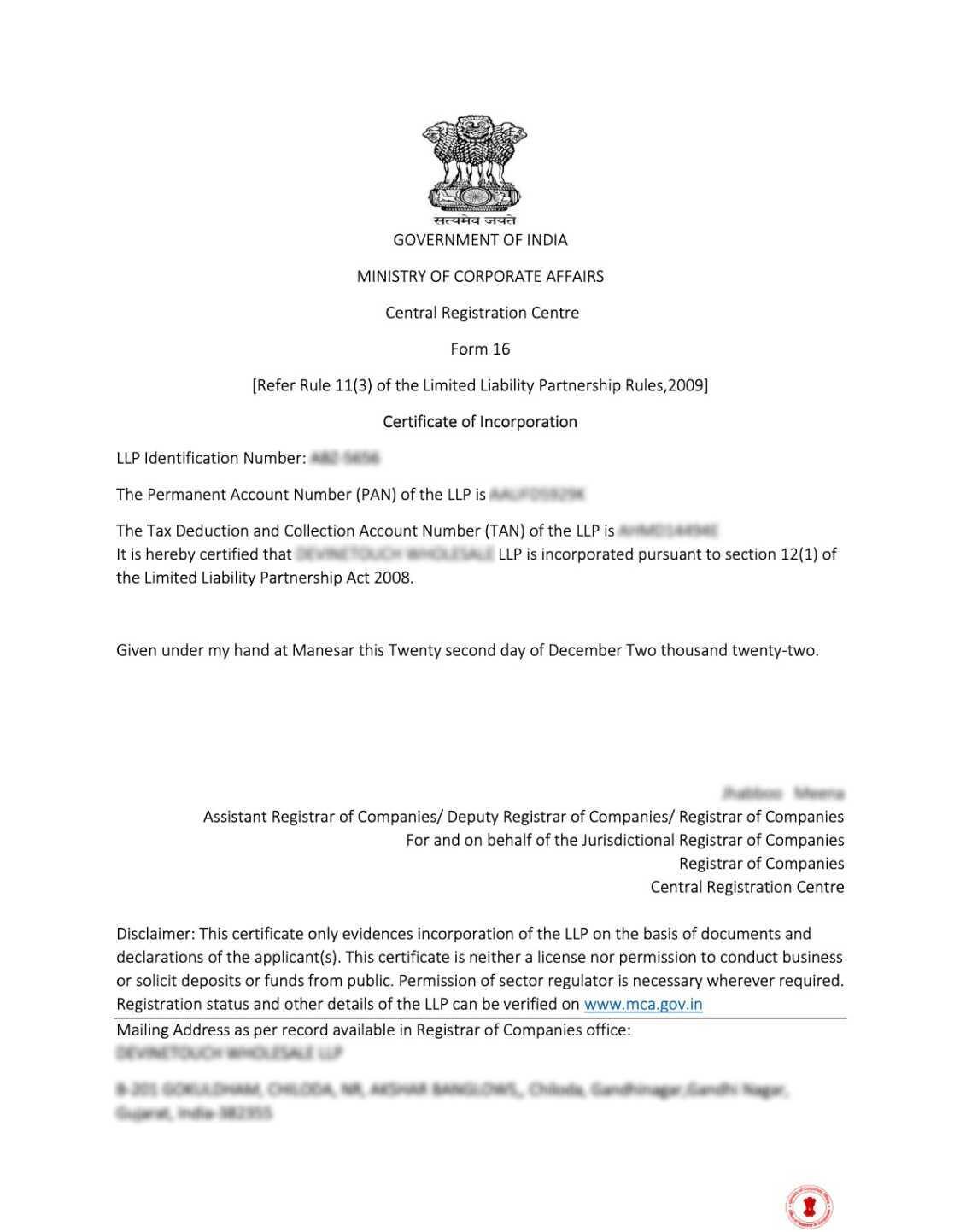LLP Registration Certificate Sample