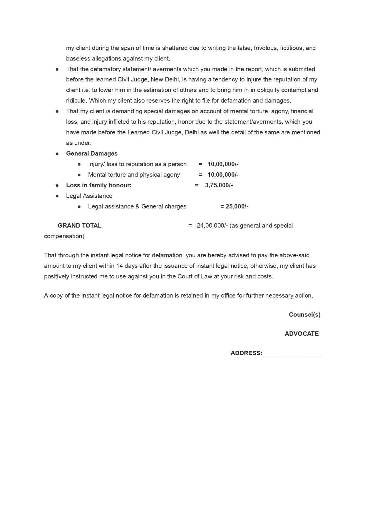 Format of Legal Notice for Defamation