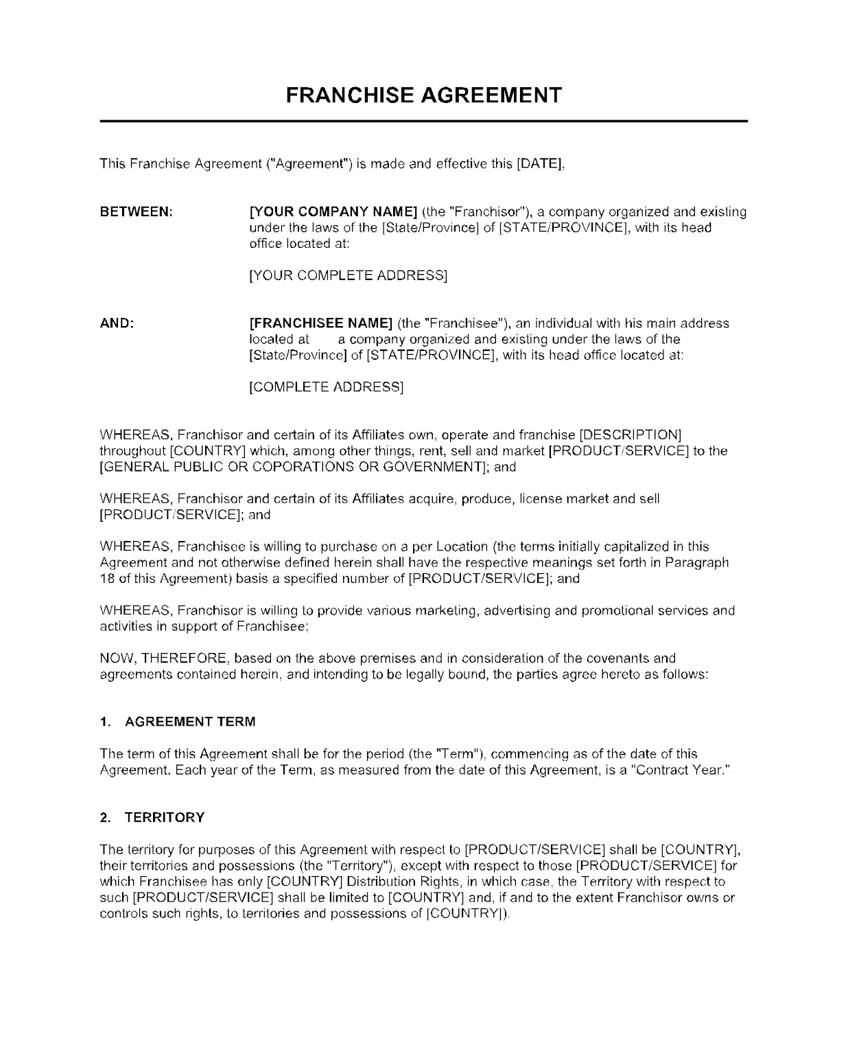 Format of a Franchise Agreement