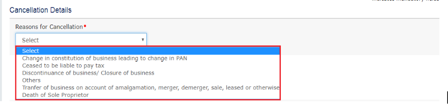 Reason for cancellation