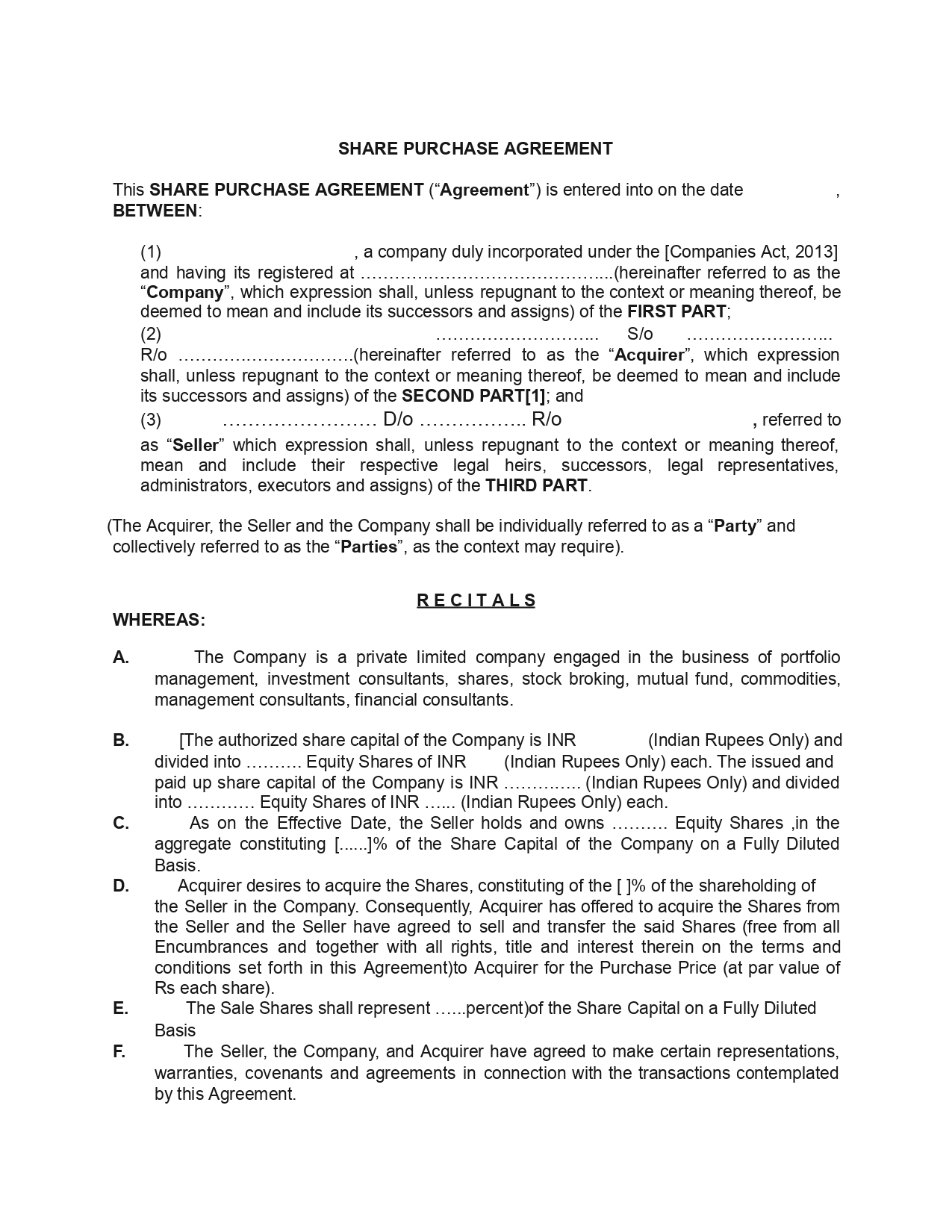Share Purchase Agreement Template/Format