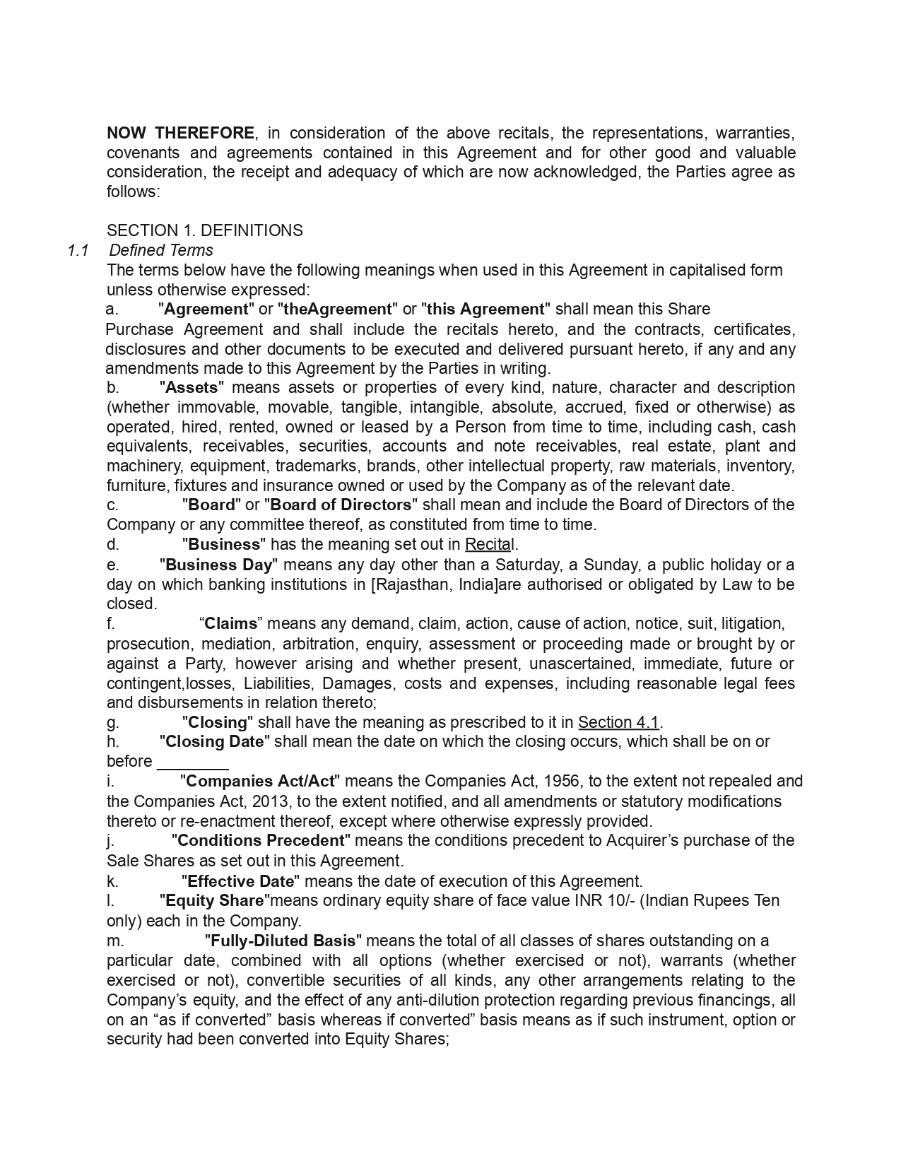 Share Purchase Agreement Template/Format