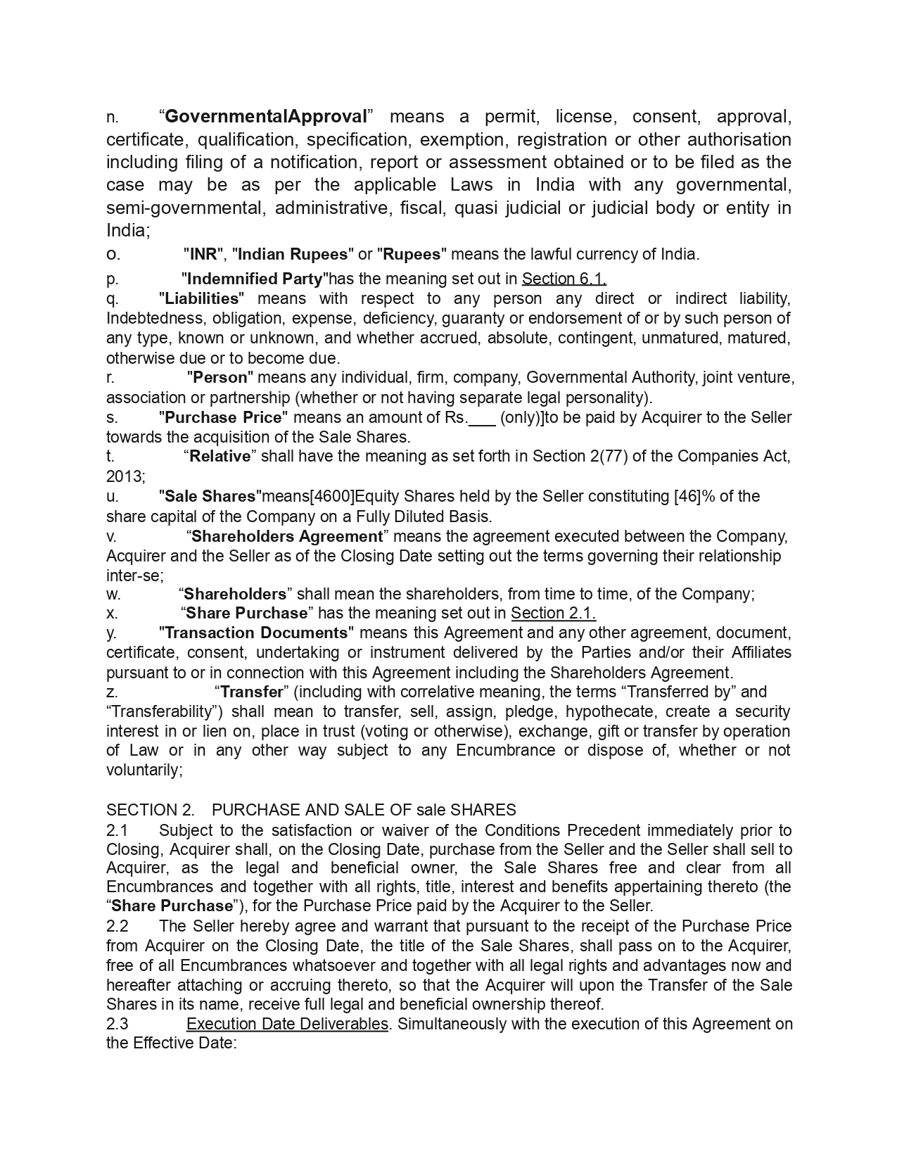 Share Purchase Agreement Template/Format