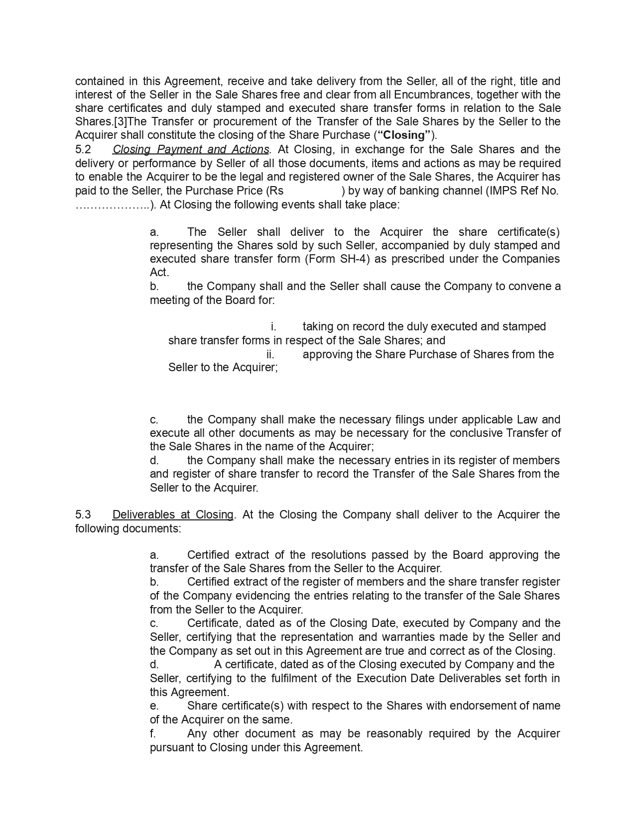 Share Purchase Agreement Template/Format
