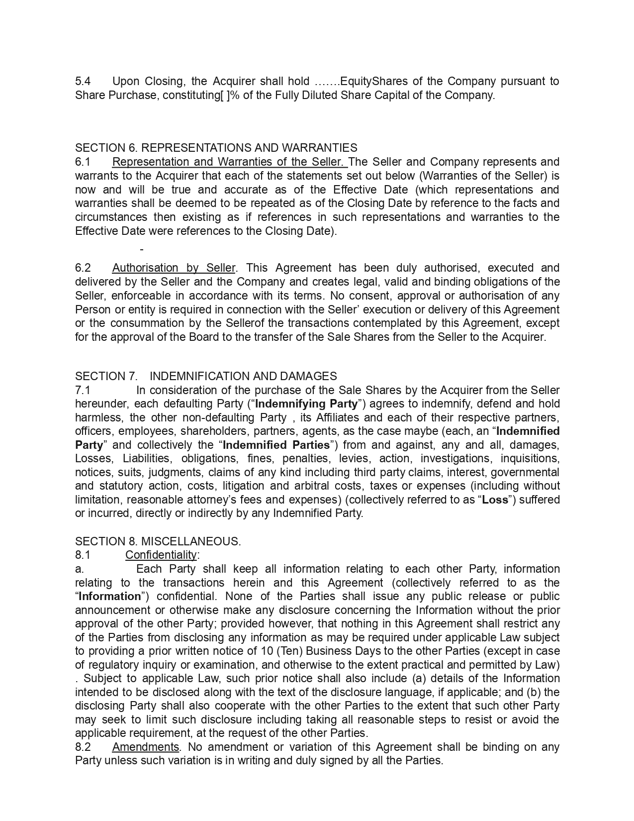 Share Purchase Agreement Template/Format