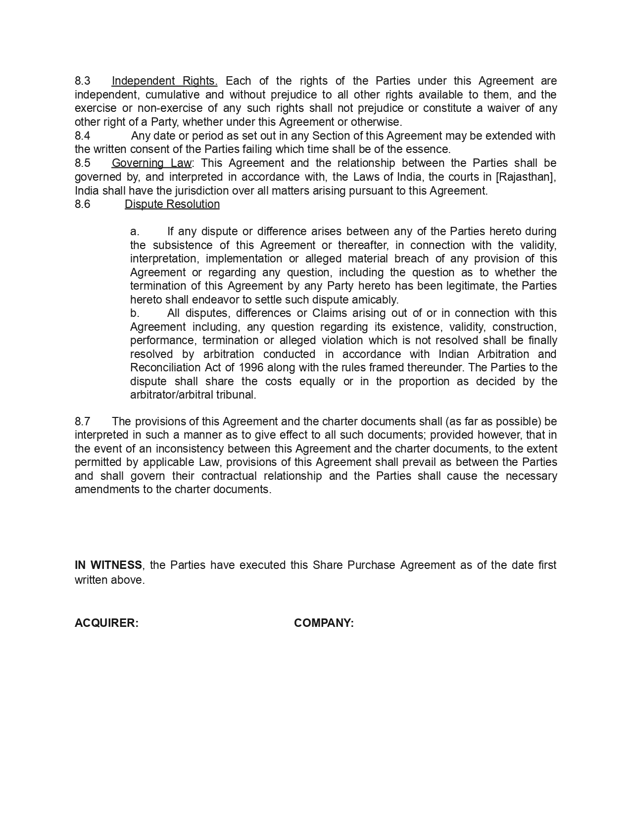Share Purchase Agreement Template/Format