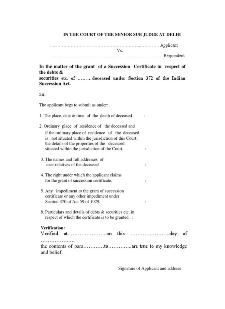 Format of a Succession Certificate Application
