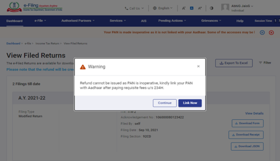 Checking ITR Status After Login