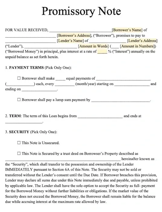 Promissory note template