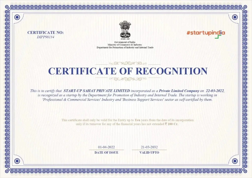 Startup India recognition Certificate format