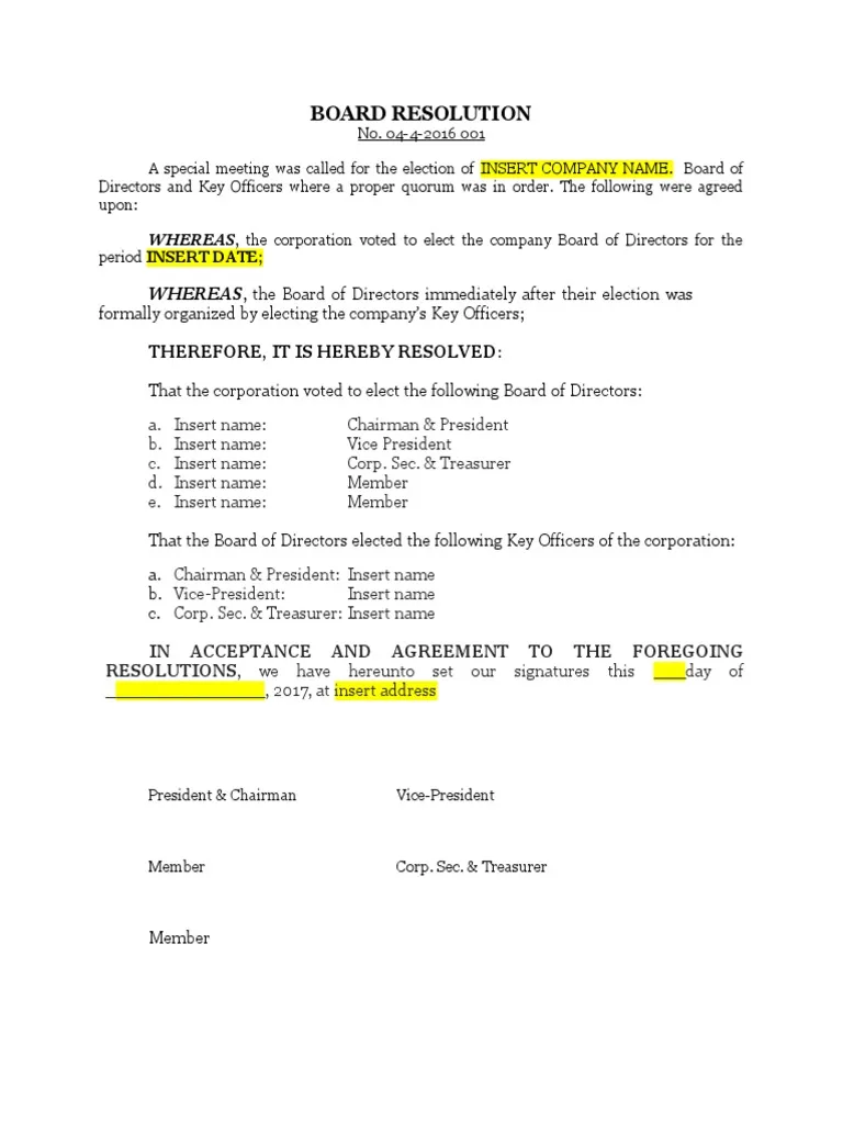 board resolution format for chairman appointment