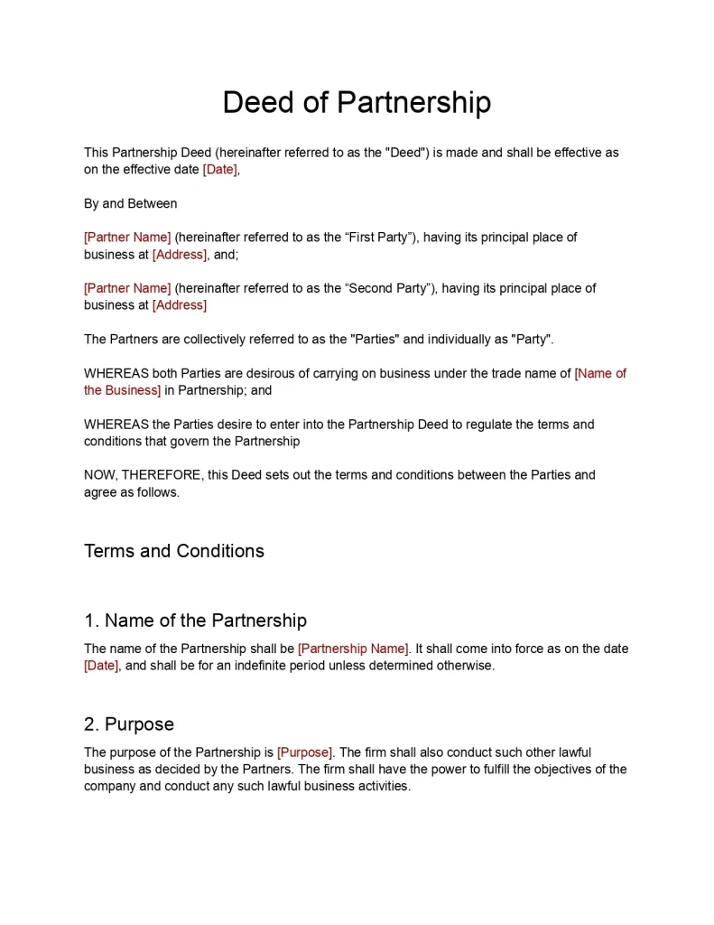 partnership deed format