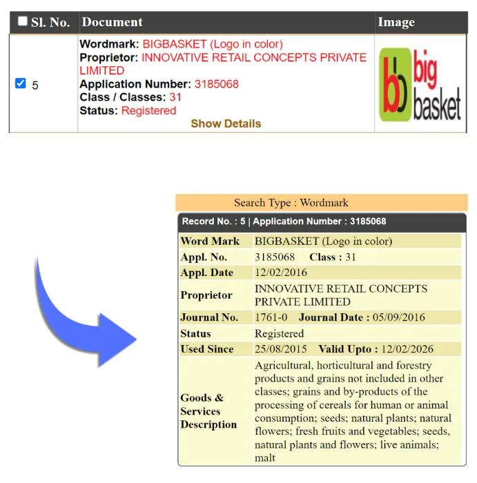 trademark class 31 document screenshot