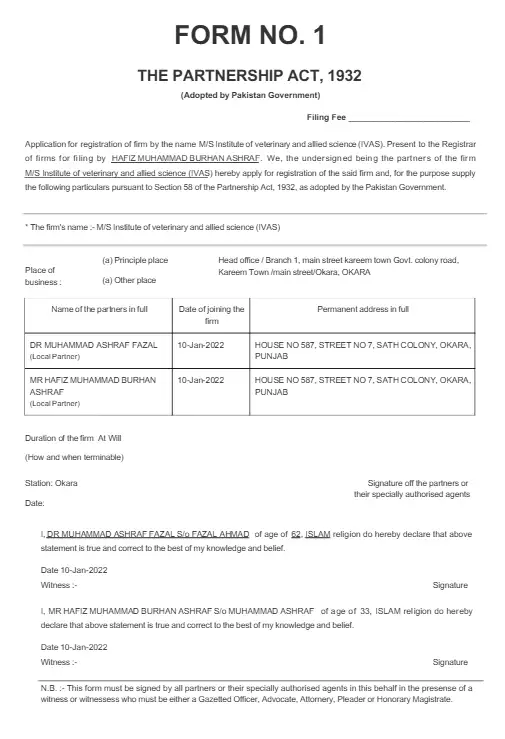 form 1 of firm registration sample