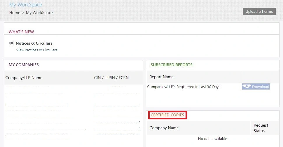 mca portal certified copies download