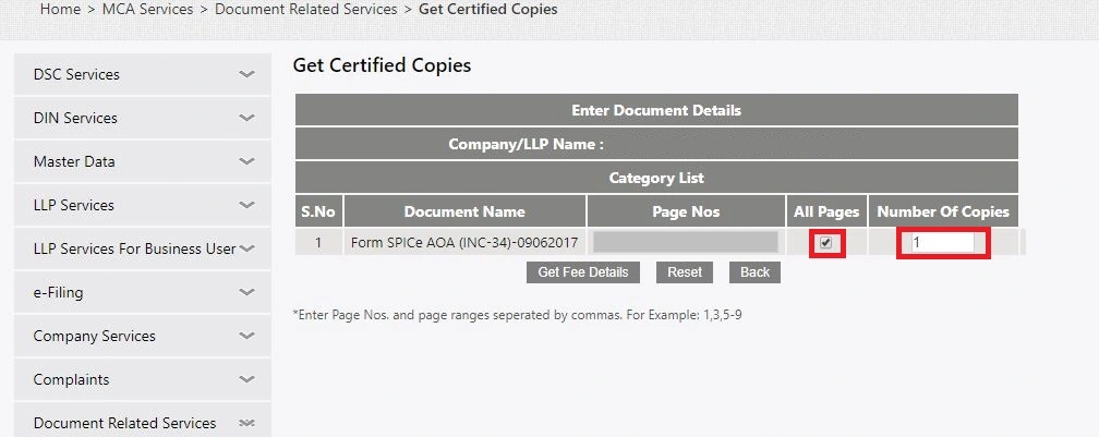 mca portal enter document details