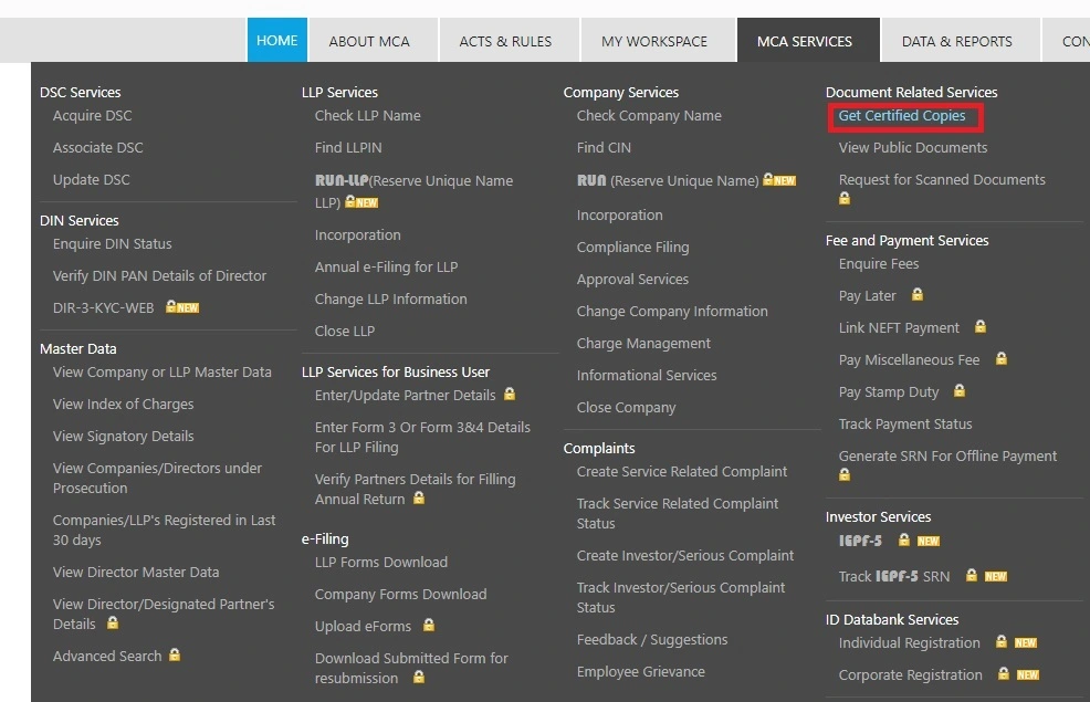 mca portal get certified copies