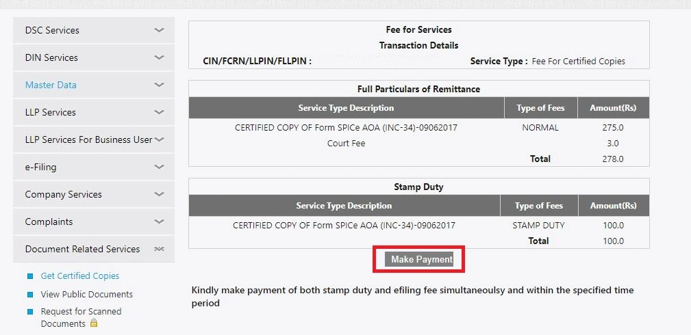 mca portal make payment