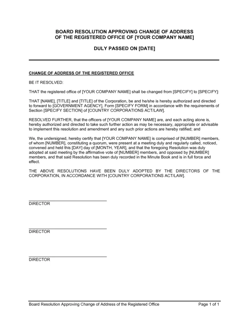 board resolution approving change of registered office address
