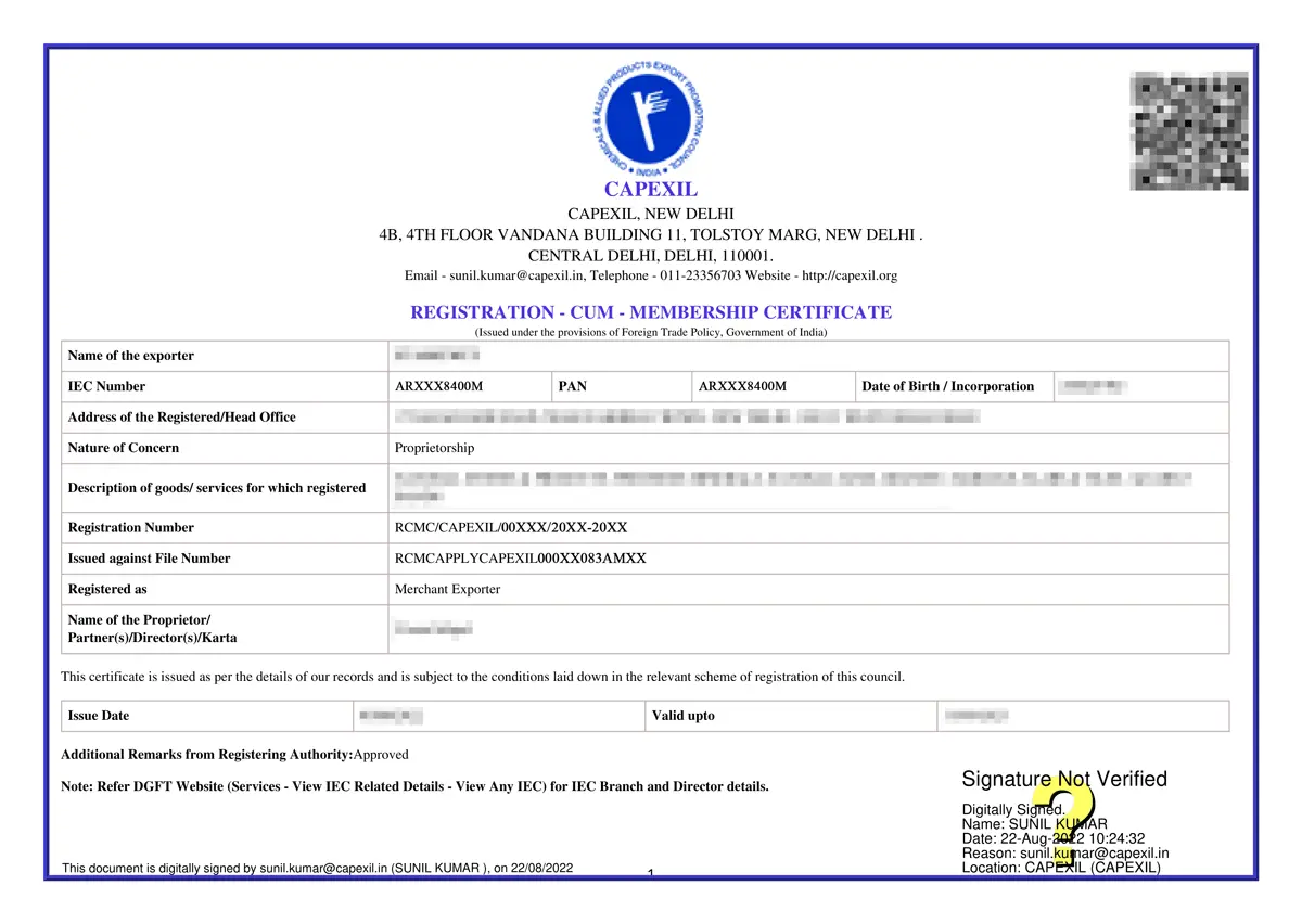 capexil registration certificate sample