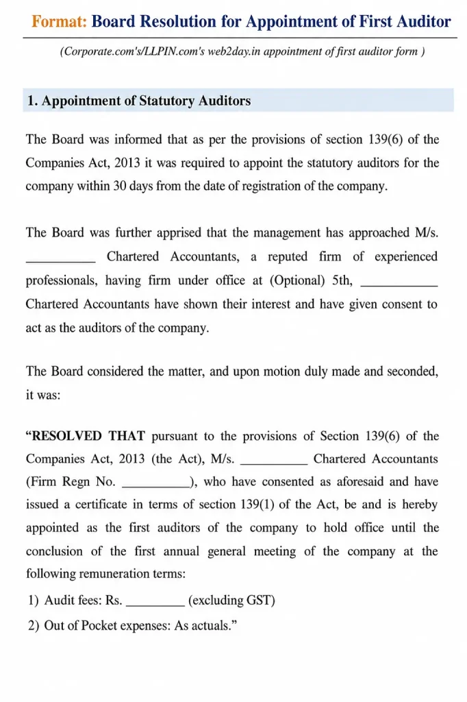format of board resolution for appointment of first auditor