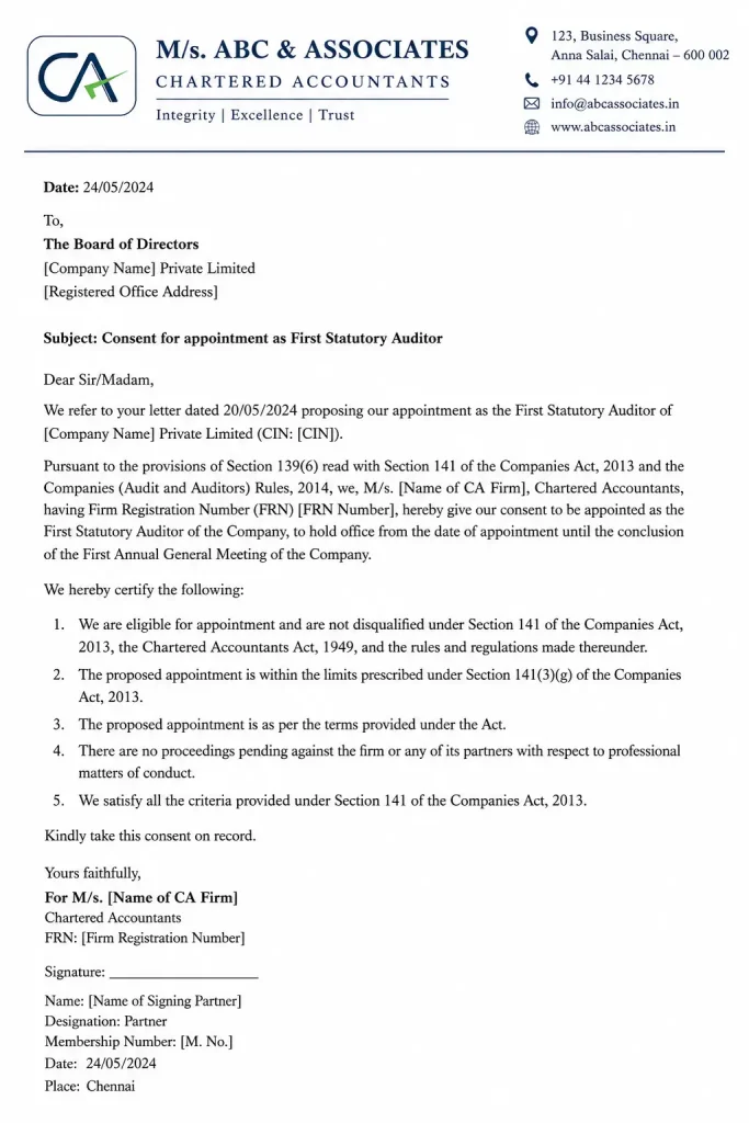 consent for appointment as first statutory auditor
